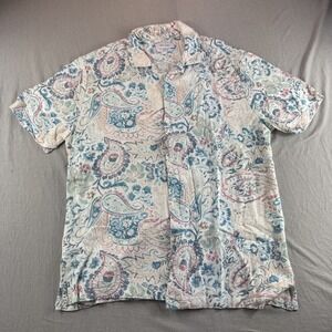 Porter Ash Shirt Mens L Beige Floral Linen Blend Beach Short Sleeve Button Up